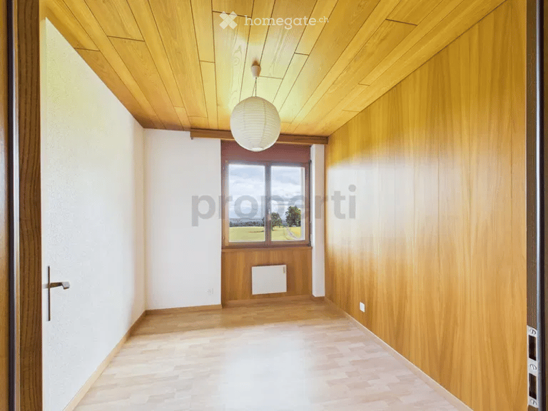 empty room, wooden walls, wooden floor, white ceiling, window with view