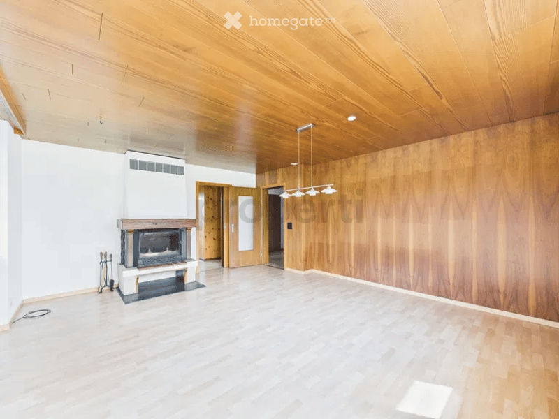 empty room, wooden walls, fireplace, wooden ceiling, white floor
