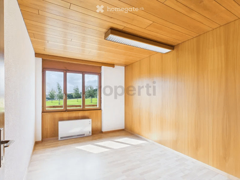 empty room, wooden walls, white ceiling, white floor, window, radiator