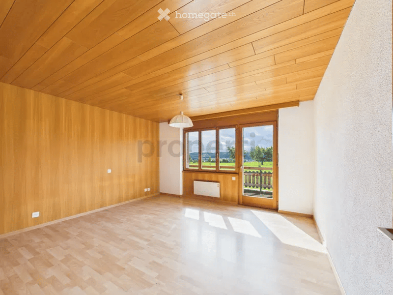 empty room, wooden walls, wooden floor, large windows, sliding door, view of the outside