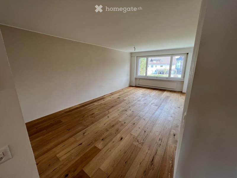 empty room, wooden floor, white walls, large window, white radiator