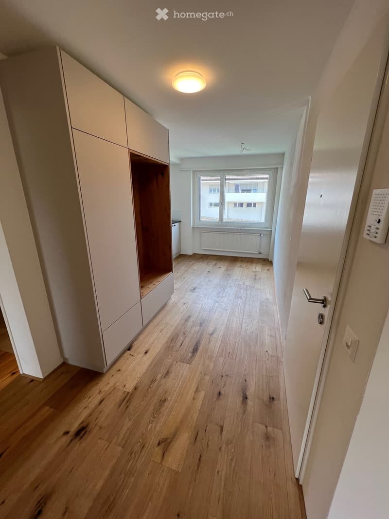 Empty hallway with wooden floor, white walls, large wardrobe, and a window with a view of the outside.