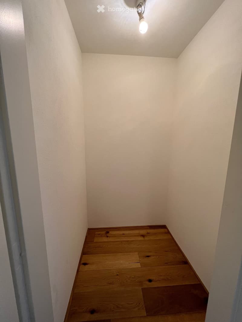 Empty room with white walls, wooden floor, and a ceiling light