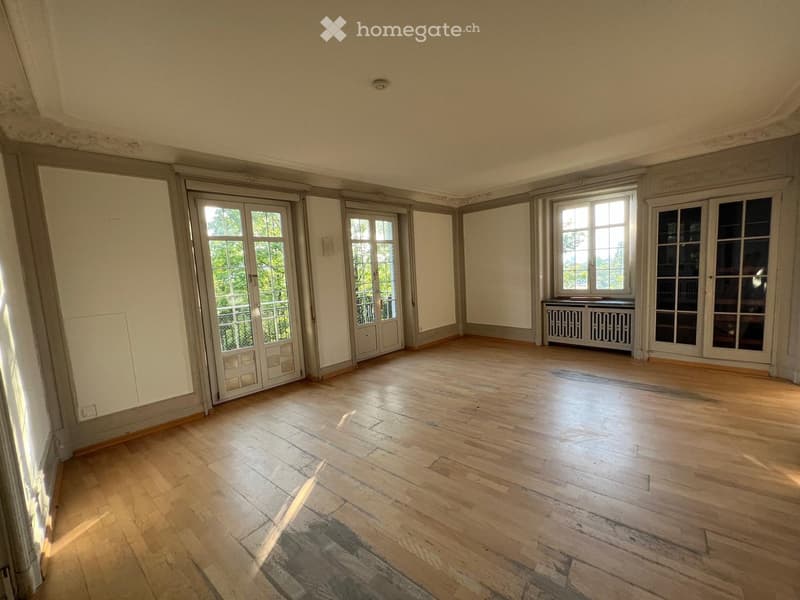 large room, wooden floor, white walls, large windows, balcony