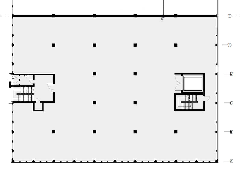 Main floor plan with two sections, one with stairs and another with a door, open space in the middle
