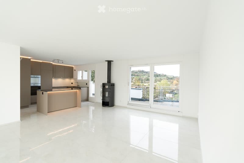 modern kitchen, fireplace, balcony, white tiles, sliding glass doors