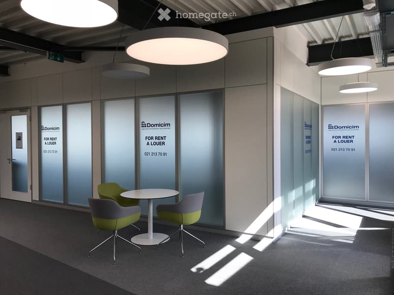 modern office space with glass walls, round table, chairs, hanging lamps, Domicim branding