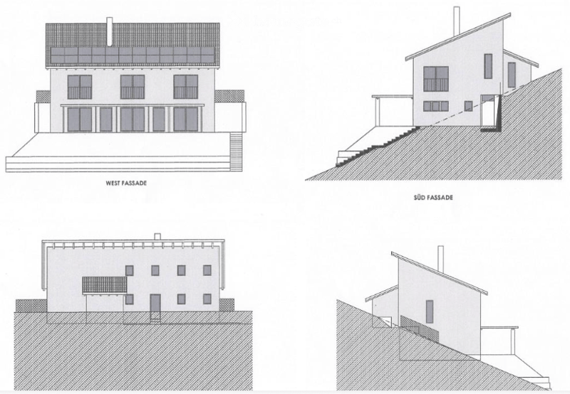 Four views of the building: West facade, South facade, South-west elevation, South-east elevation