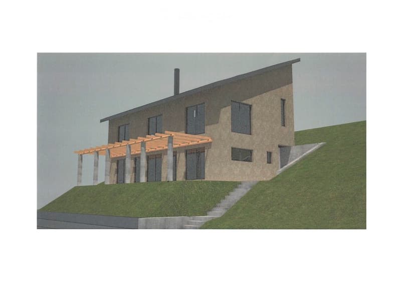Modern house, two floors, raised ground floor, terrace, stairs leading up, chimney, glass windows