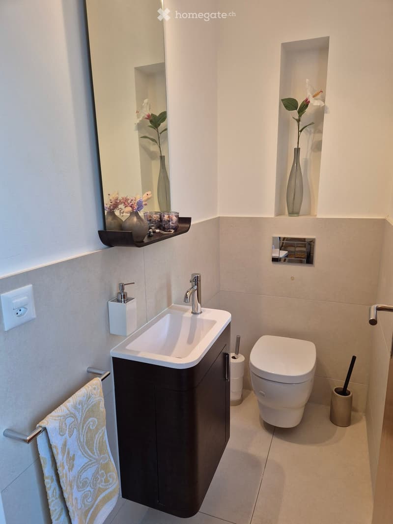 Bathroom with white walls, white sink, black cabinet, white toilet, mirror, towel rack, and decorative vases