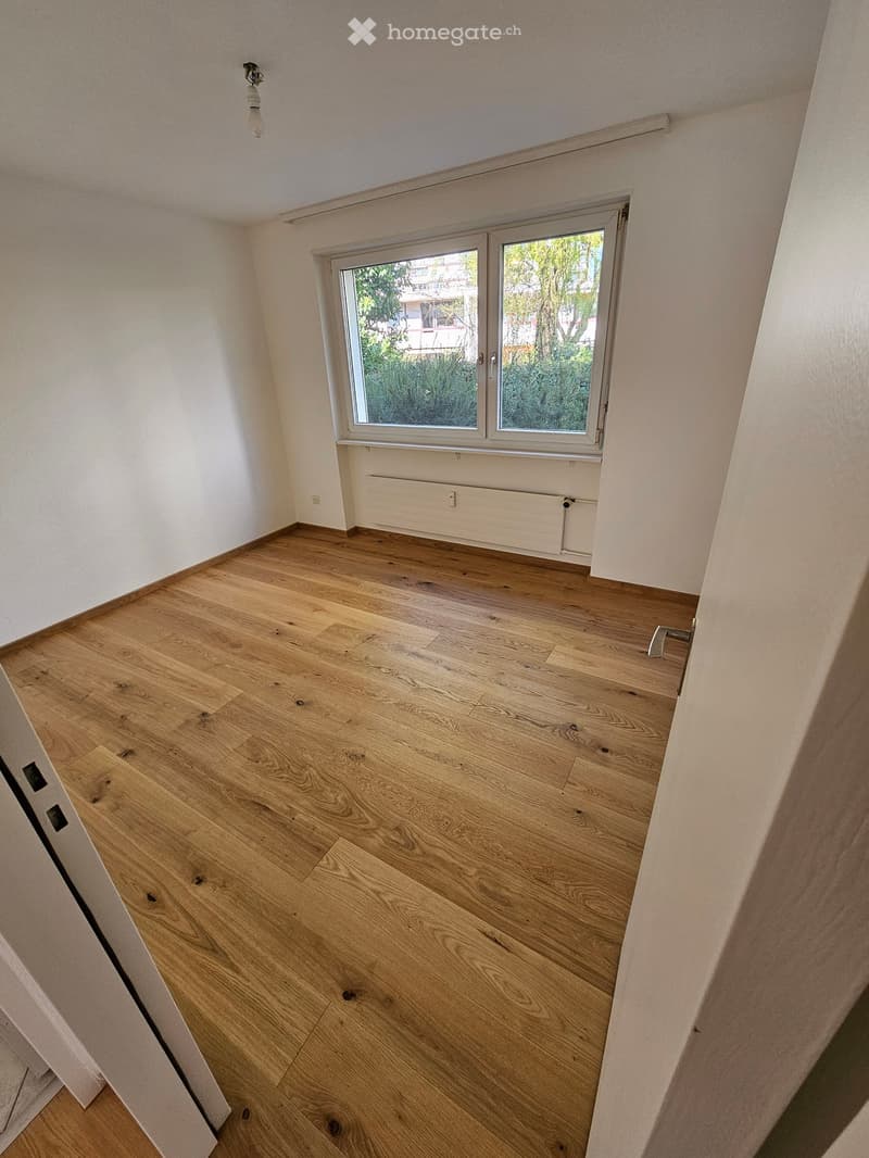 empty room, wooden floor, white walls, large window, white ceiling, white door