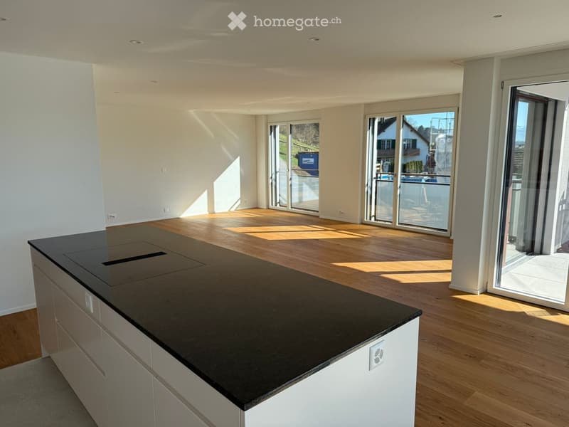 modern kitchen with large island, wooden floors, large glass doors leading to balcony, view of the outside