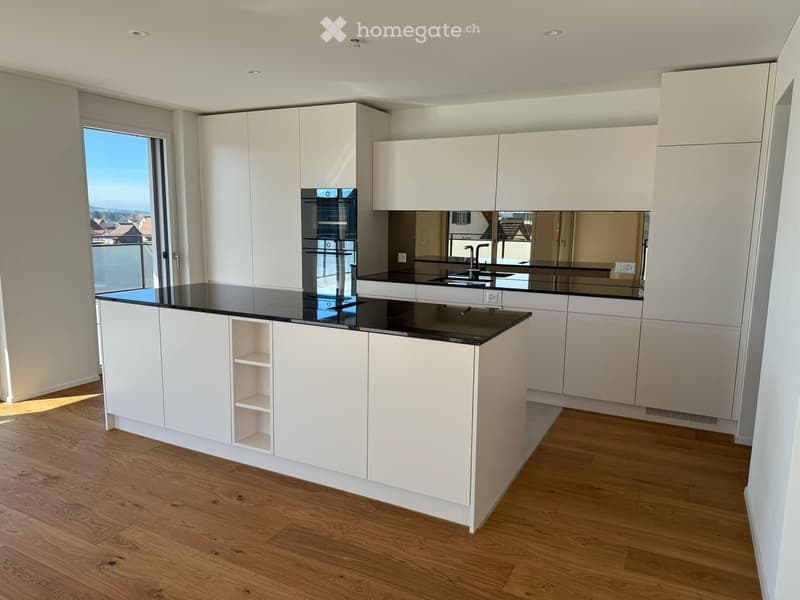 modern kitchen with white cabinets, black granite countertop, glass door, large window, wooden floor
