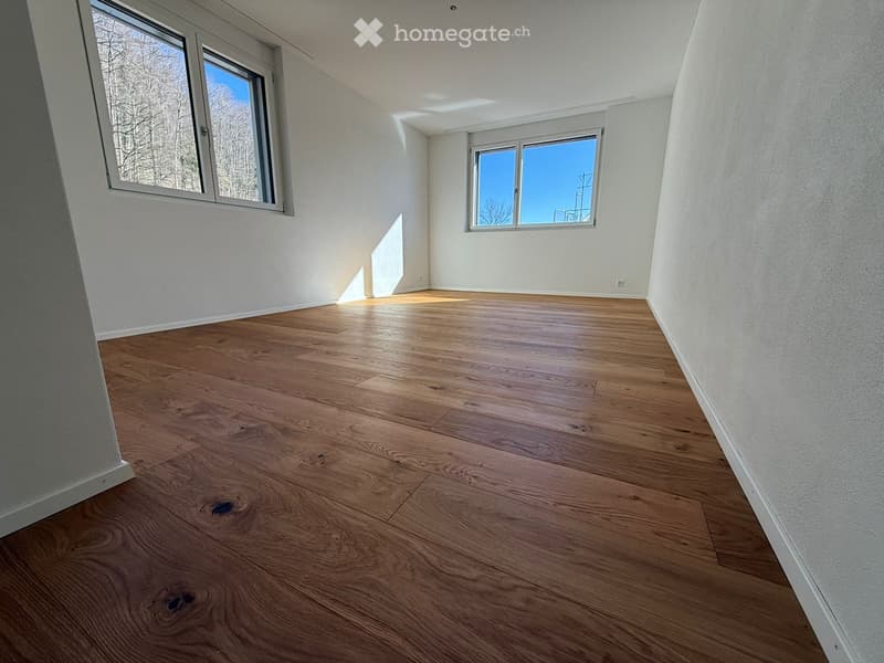 empty room, wooden floor, white walls, two windows, natural light