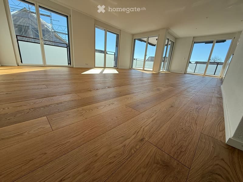 large room, hardwood floors, large windows, balcony, view of the outside