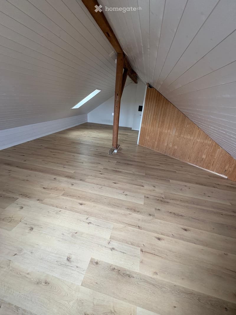 empty attic room, wooden floor, wooden beams, white ceiling, skylight