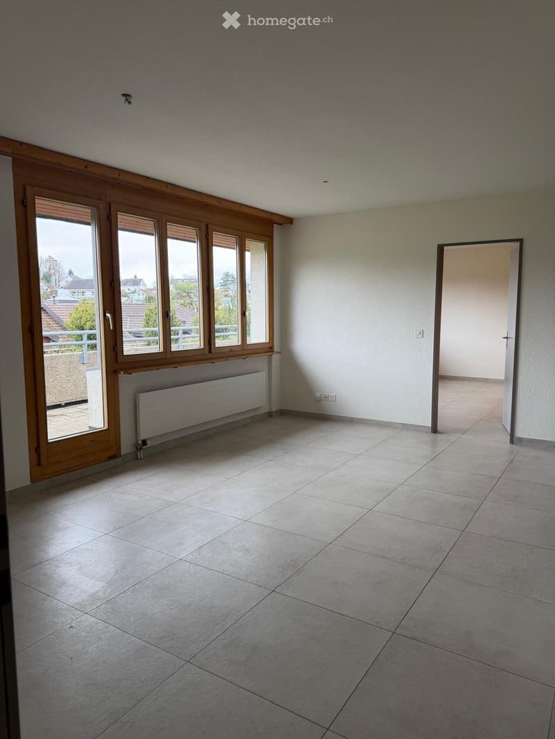 empty room, white walls, wooden floor, large windows, balcony, radiator