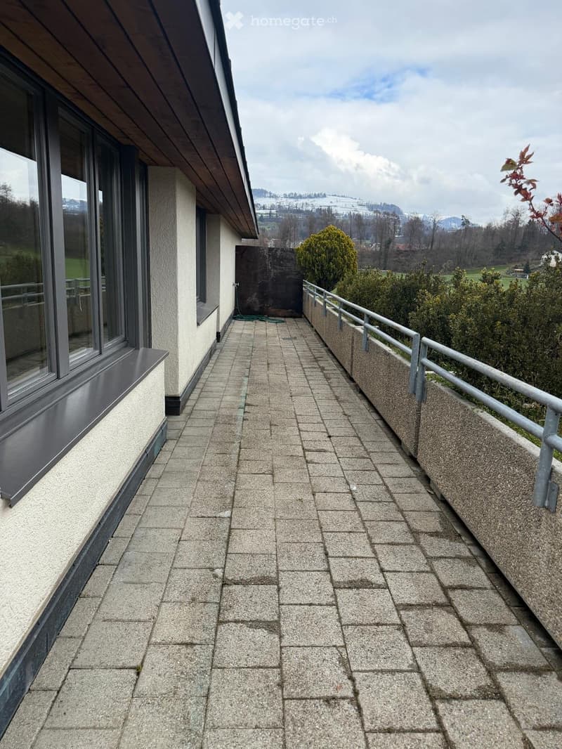brick floor, metal railing, glass windows, bushes, mountains in the distance