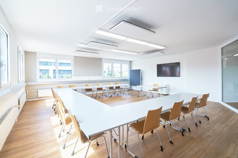 conference room, long tables, chairs, windows, ceiling lights, TV, whiteboard