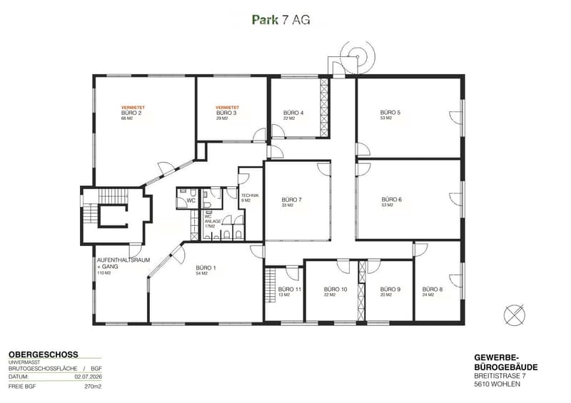 Floor plan of a commercial office building with multiple rooms labeled as offices, a reception area, technical room, and restrooms.