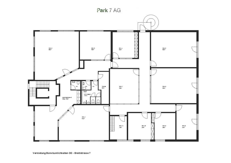 Floor plan showing layout of office spaces on the ground floor of Breitestrasse 7.