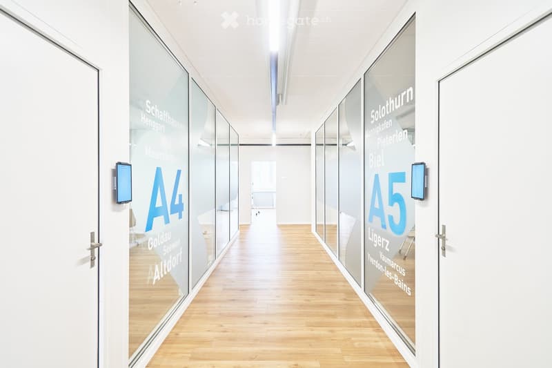 modern office hallway, white walls, glass walls, wooden floor, monitors on wall