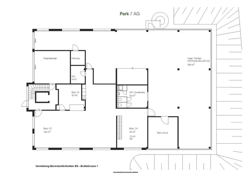 Floor plan of a commercial space with multiple offices, a double garage, heating room, and storage area. Includes WC/Garderobe and designated areas for offices and utilities.