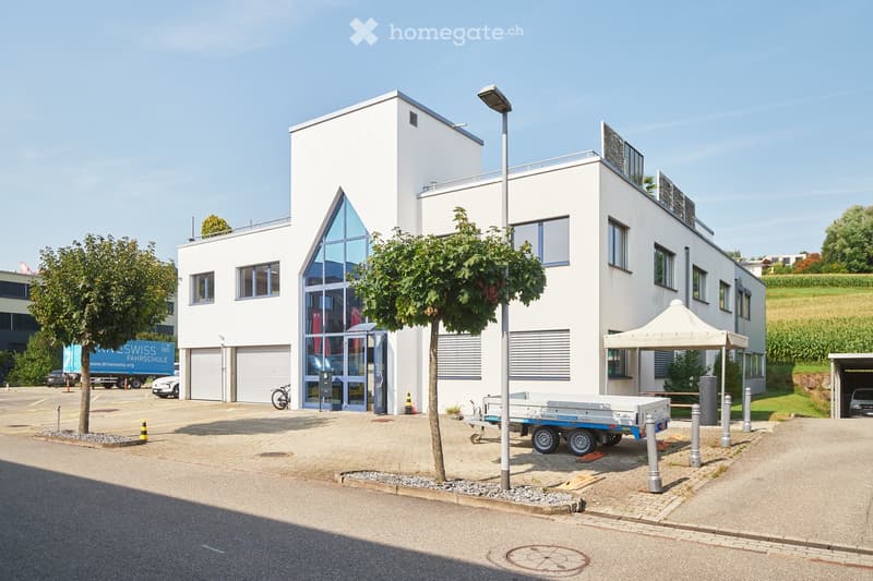 modern white building, glass windows, garage, parking area, trees, street light