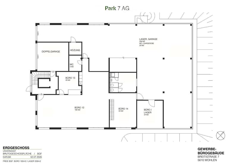 Ground floor plan of a commercial building with four offices, a double garage, heating room, WC, and storage/garage area.
