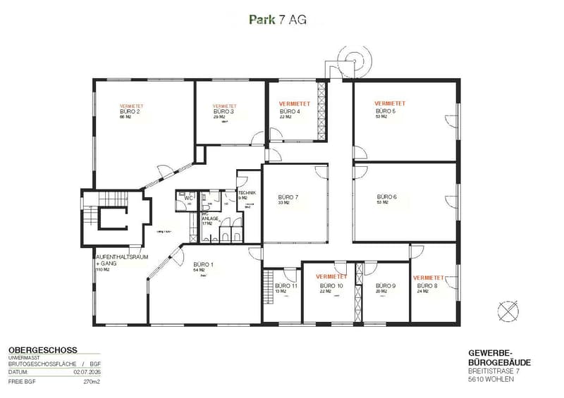 Floor plan of a commercial building with multiple offices, a reception area, and technical room. Includes labeled rooms and dimensions.