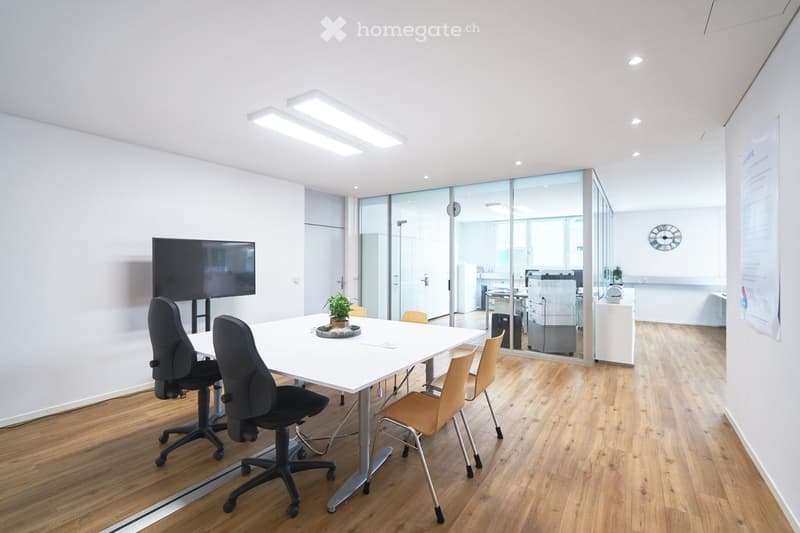 modern office room, white walls, wooden floor, glass walls, white table, black chairs, TV, potted plant