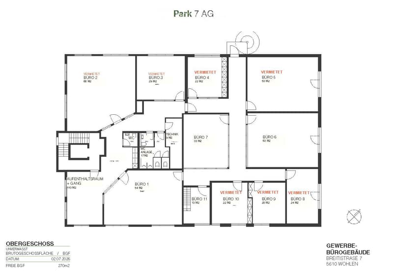 Floor plan of a commercial building with multiple offices, a reception area, a technical room, and a WC area. The layout includes labeled rooms such as BÜRO 1 to BÜRO 11, with sizes indicated in square meters.