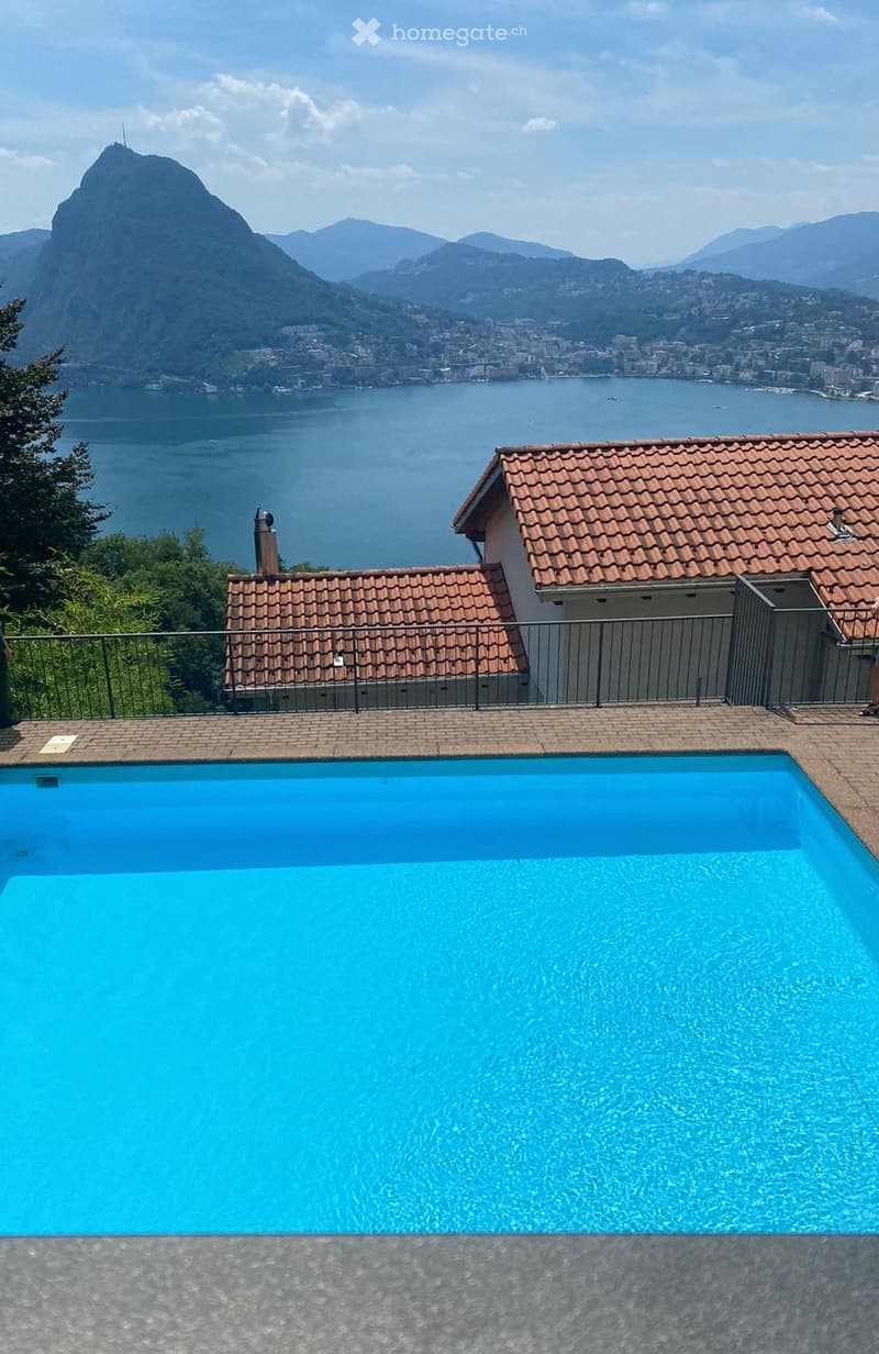 large swimming pool, house with red roof, mountains, lake, trees