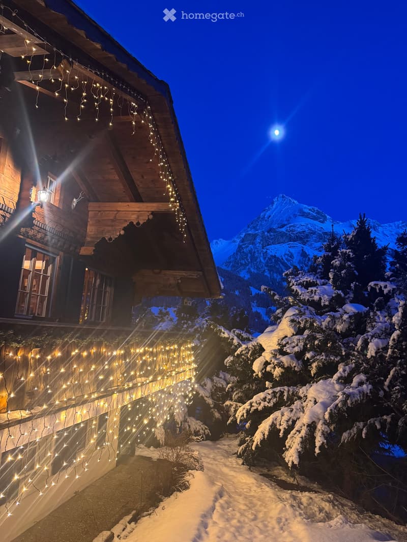 wooden chalet, string lights, snowy mountain in the background