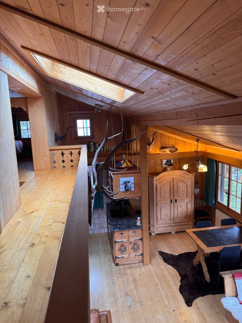 wooden ceiling, wooden floor, wooden cabinet, dining table, chairs, wooden balcony, skylight, deer antlers, radiator, window