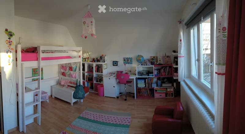 A room with a bunk bed, a desk, a chair, a shelf, a radiator, a rug, and a window.