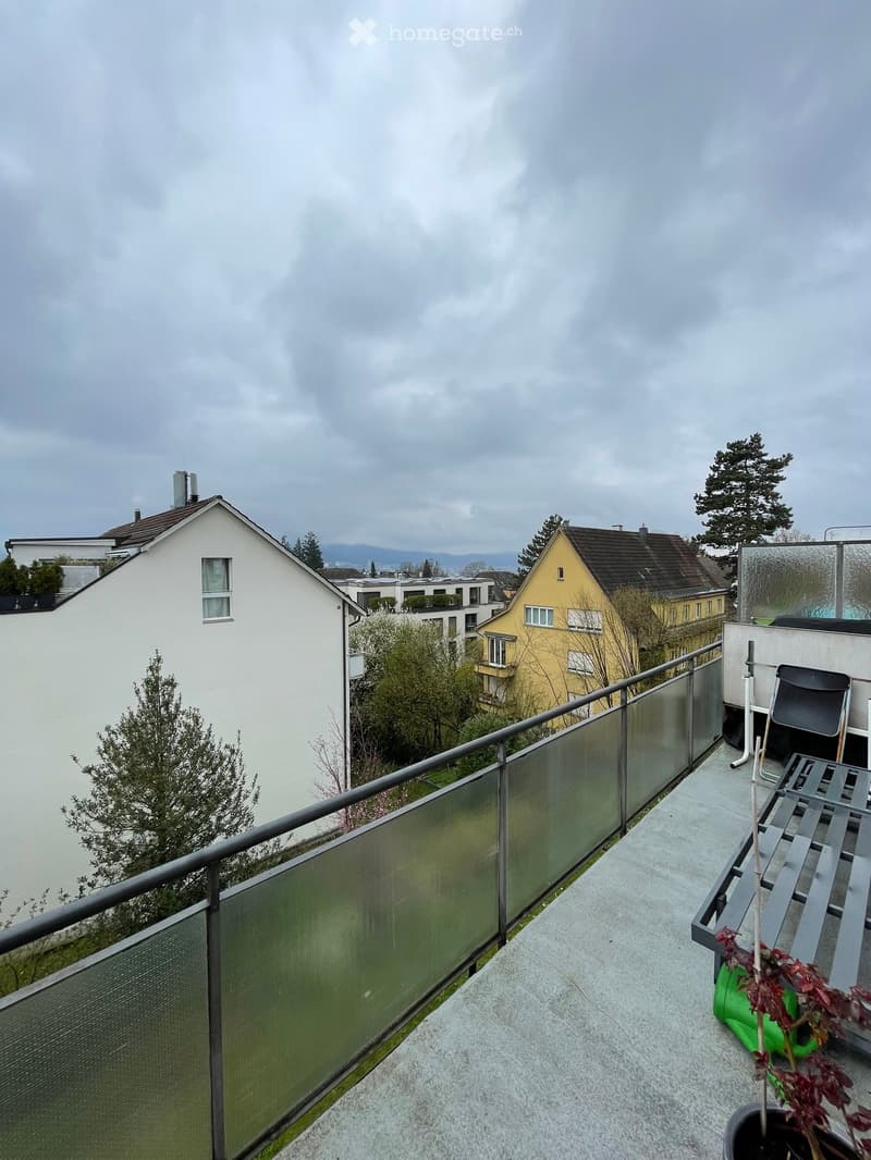 Balcony with glass railing, metal railing, and a view of the surrounding buildings and trees.