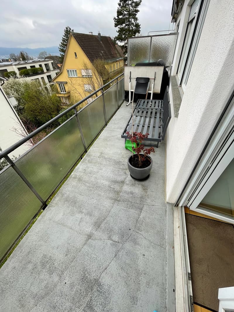 Balcony with glass railing, a bench, a potted plant, and a folding chair.