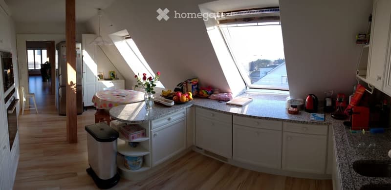 white cabinets, wooden floor, granite countertops, large window, kitchen island, refrigerator, oven, trash can