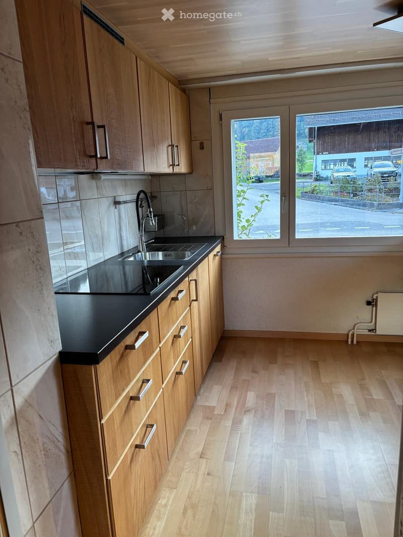 kitchen with wooden cabinets, black countertops, stainless steel sink, double sink, faucet, large window