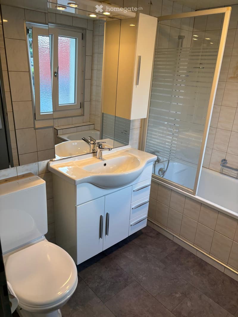 modern bathroom with white sink, white toilet, bathtub, shower, mirror, tiled walls
