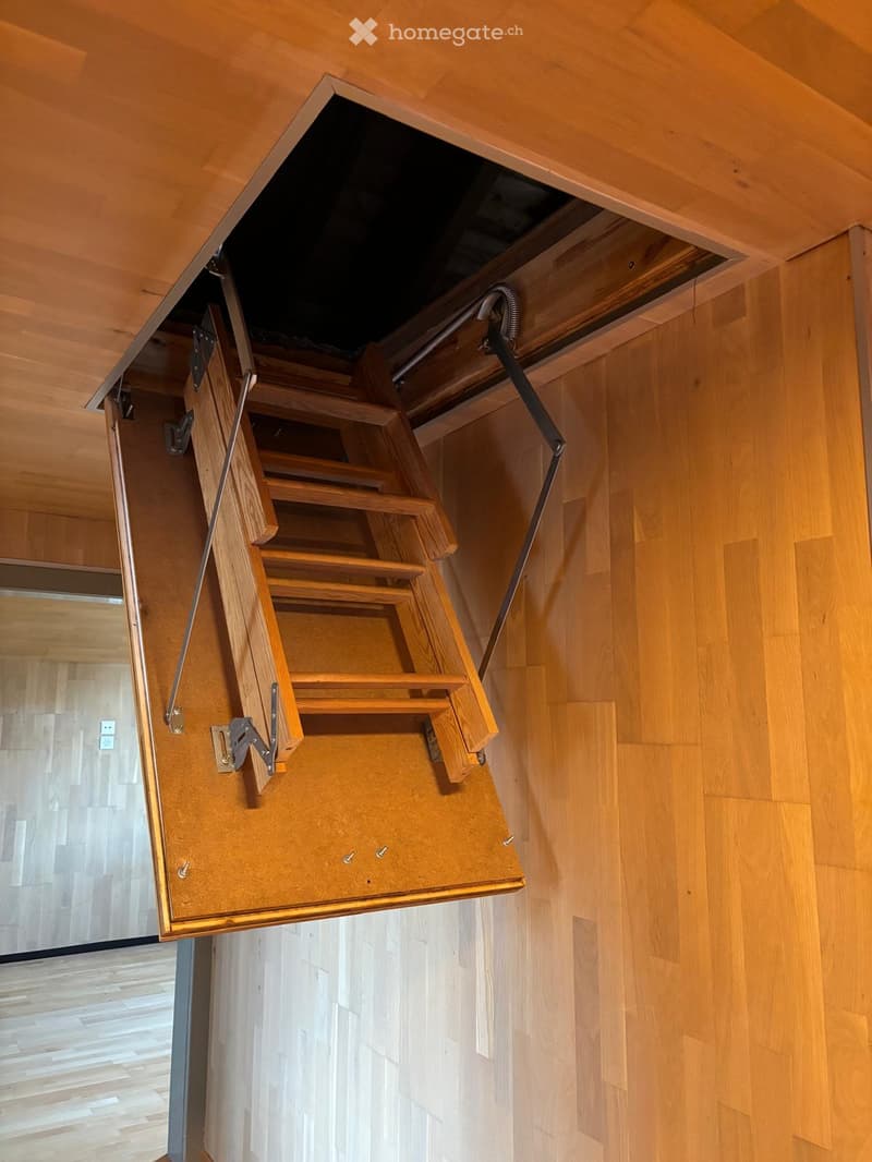wooden floor, wooden pull-down stairs, metal support