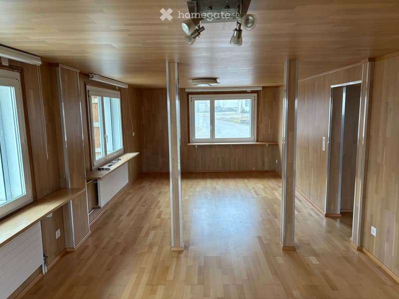 empty room, wooden floor, wooden walls, windows, ceiling lights, radiators