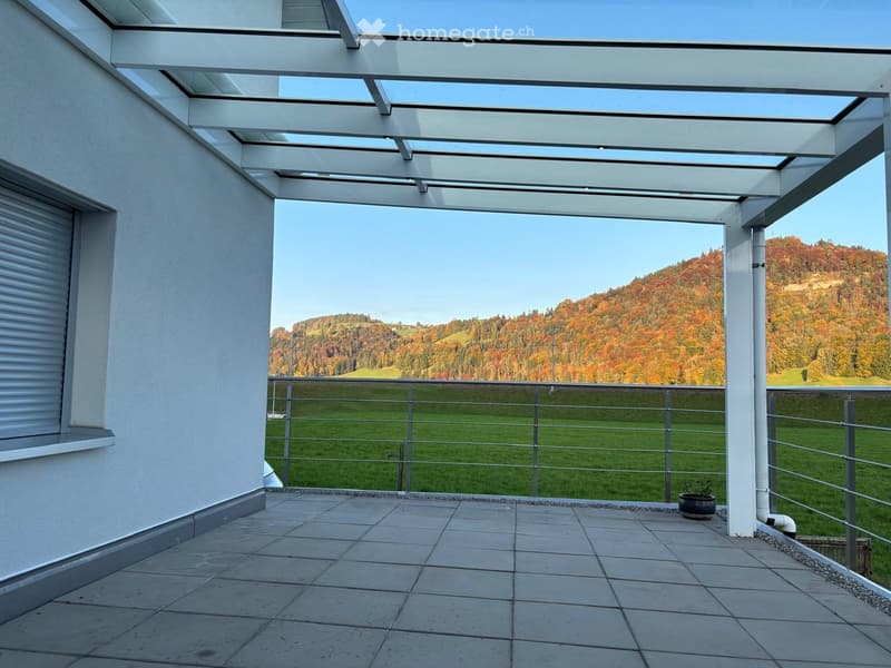 covered balcony, metal railing, tiled floor, potted plant, view of a grassy field and mountains