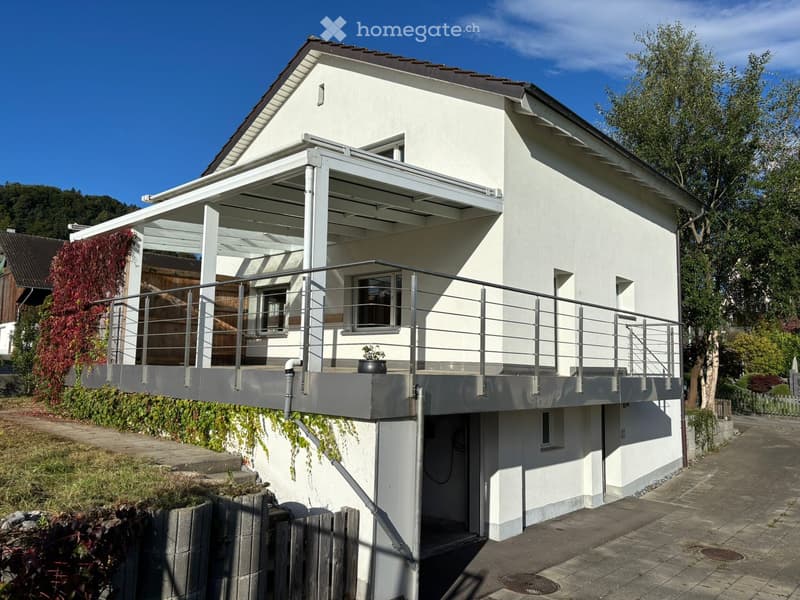 white house, brown roof, balcony with metal railing, glass roof, potted plant, driveway