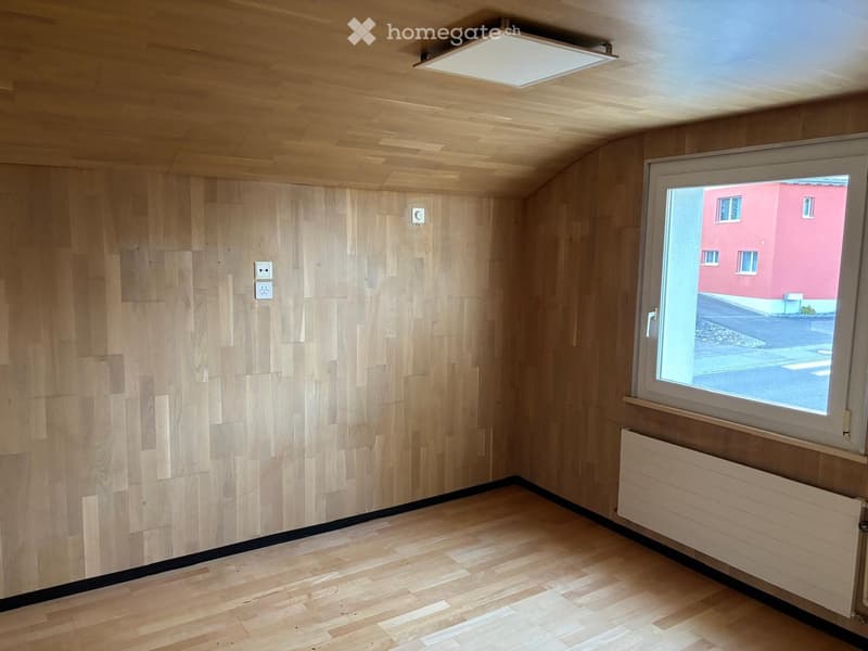 empty room, wooden walls, wooden floor, white ceiling, window, radiator