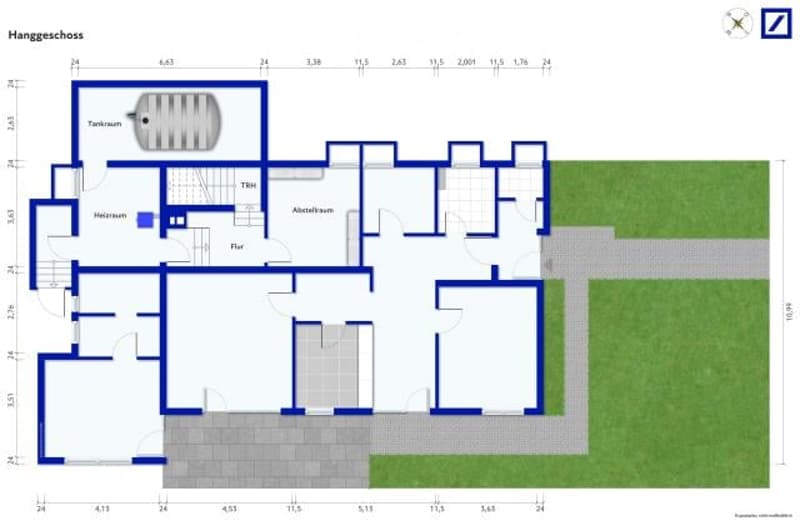 The floor plan shows a two-story house with a garage, living room, kitchen, bathroom, and several bedrooms.