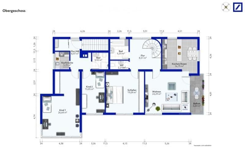 The floor plan shows a 2-story house with a living room, kitchen, 3 bedrooms, 2 bathrooms, and a balcony.