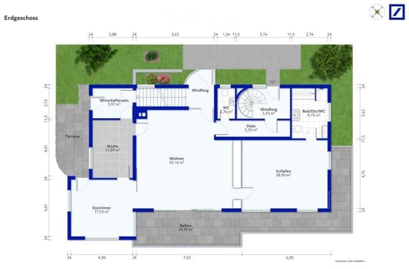The floor plan shows a two-story house with a garage, terrace, living room, kitchen, two bedrooms, and two bathrooms.