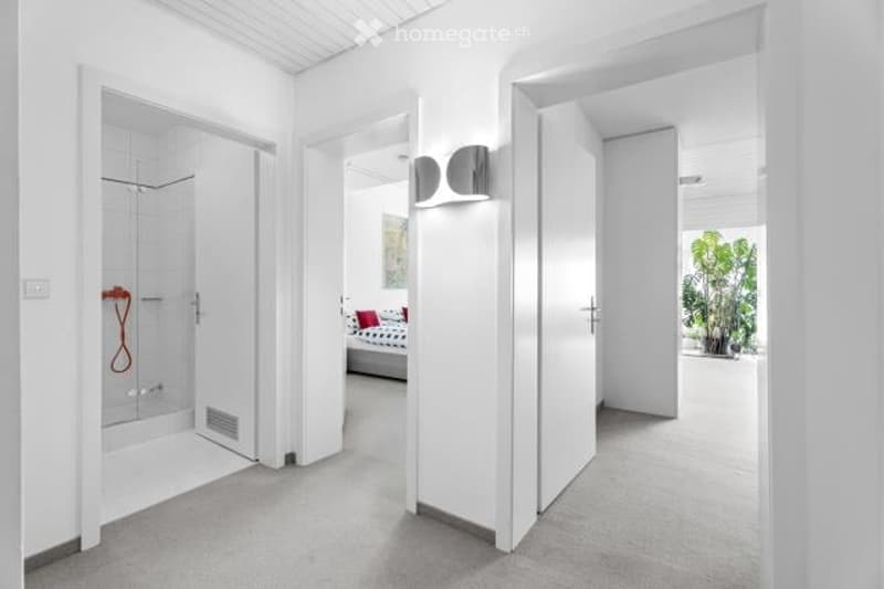 White walls, hardwood floors, open floor plan, kitchen with dishwasher, bathroom with shower